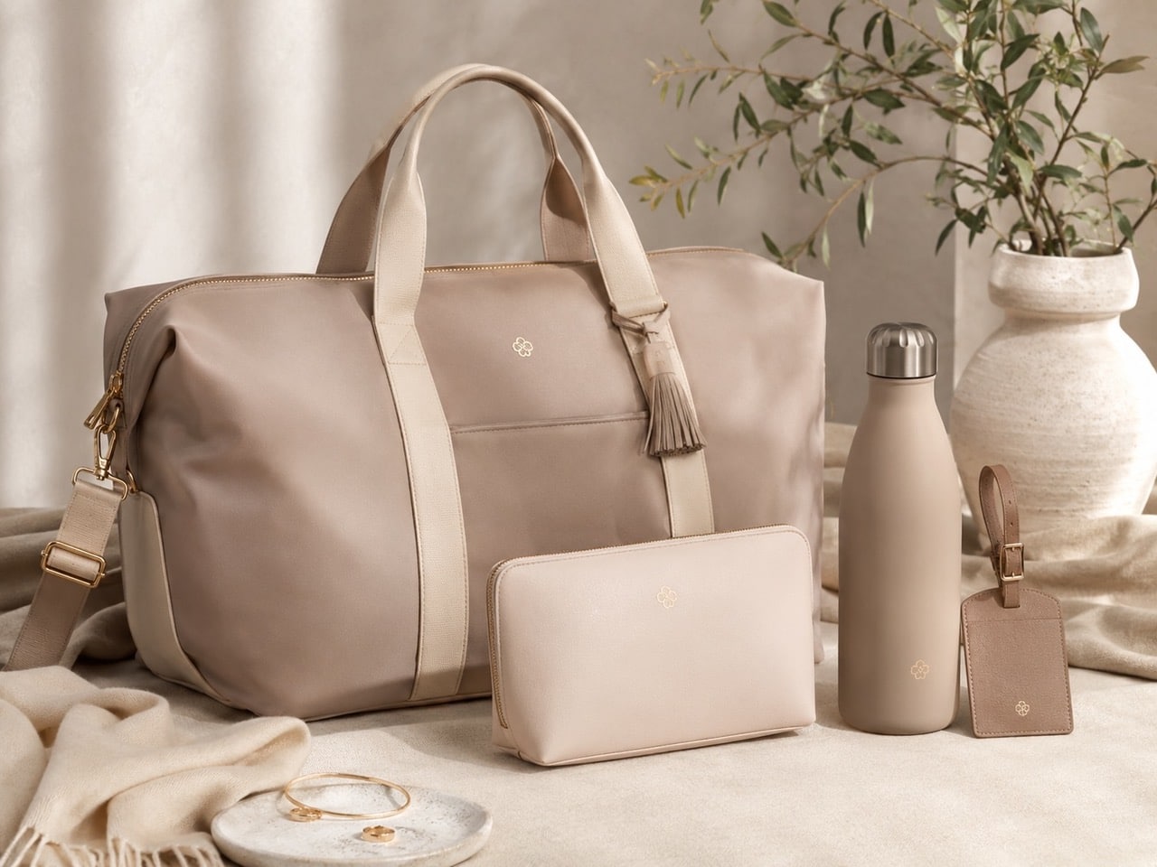 Personalised client gift set with beige weekend bag, water bottle, pouch and luggage tag