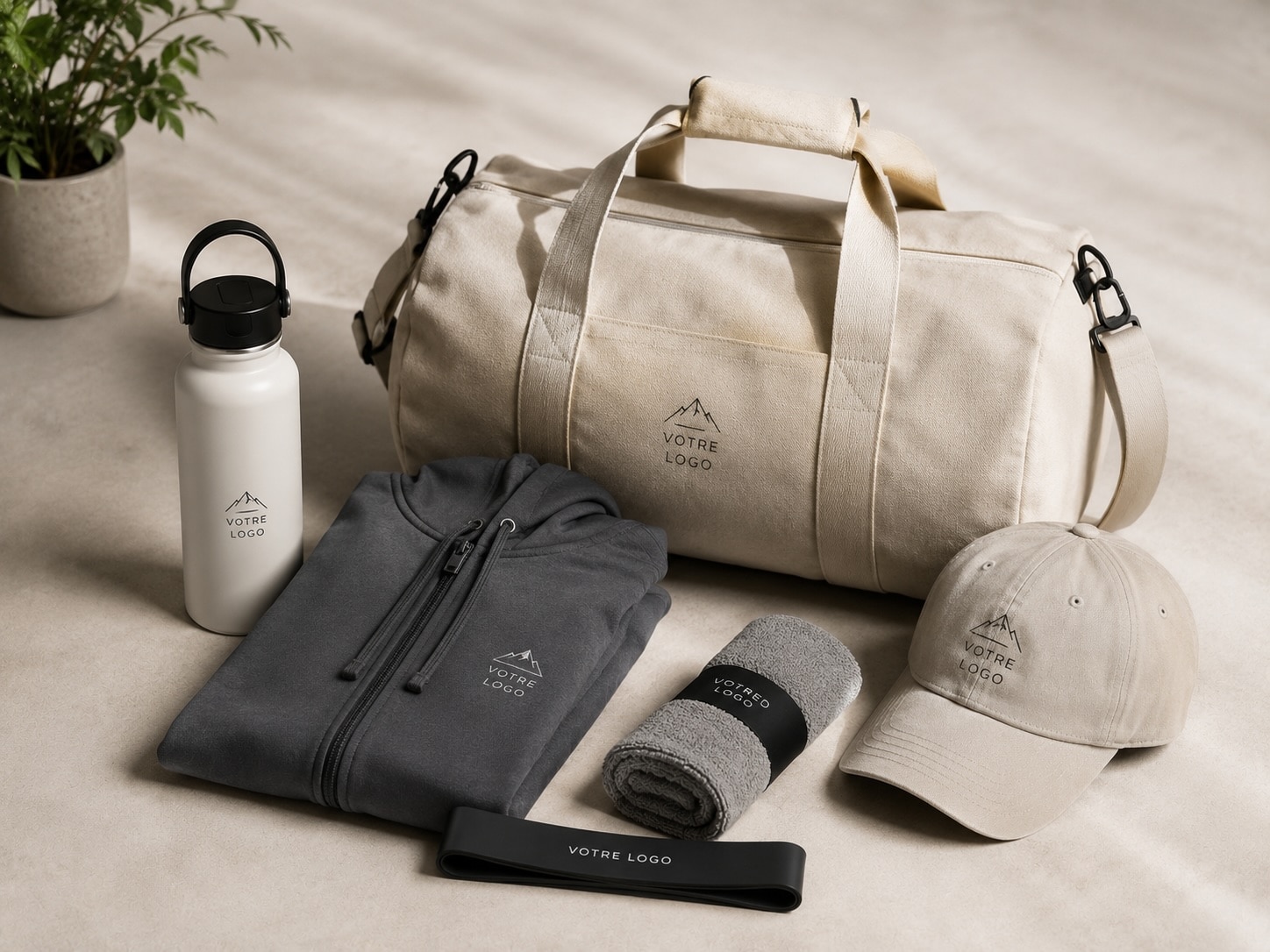 Sélectiopn sport et bien-être avec sac de sport, gourde, casquette, serviette et accessoires