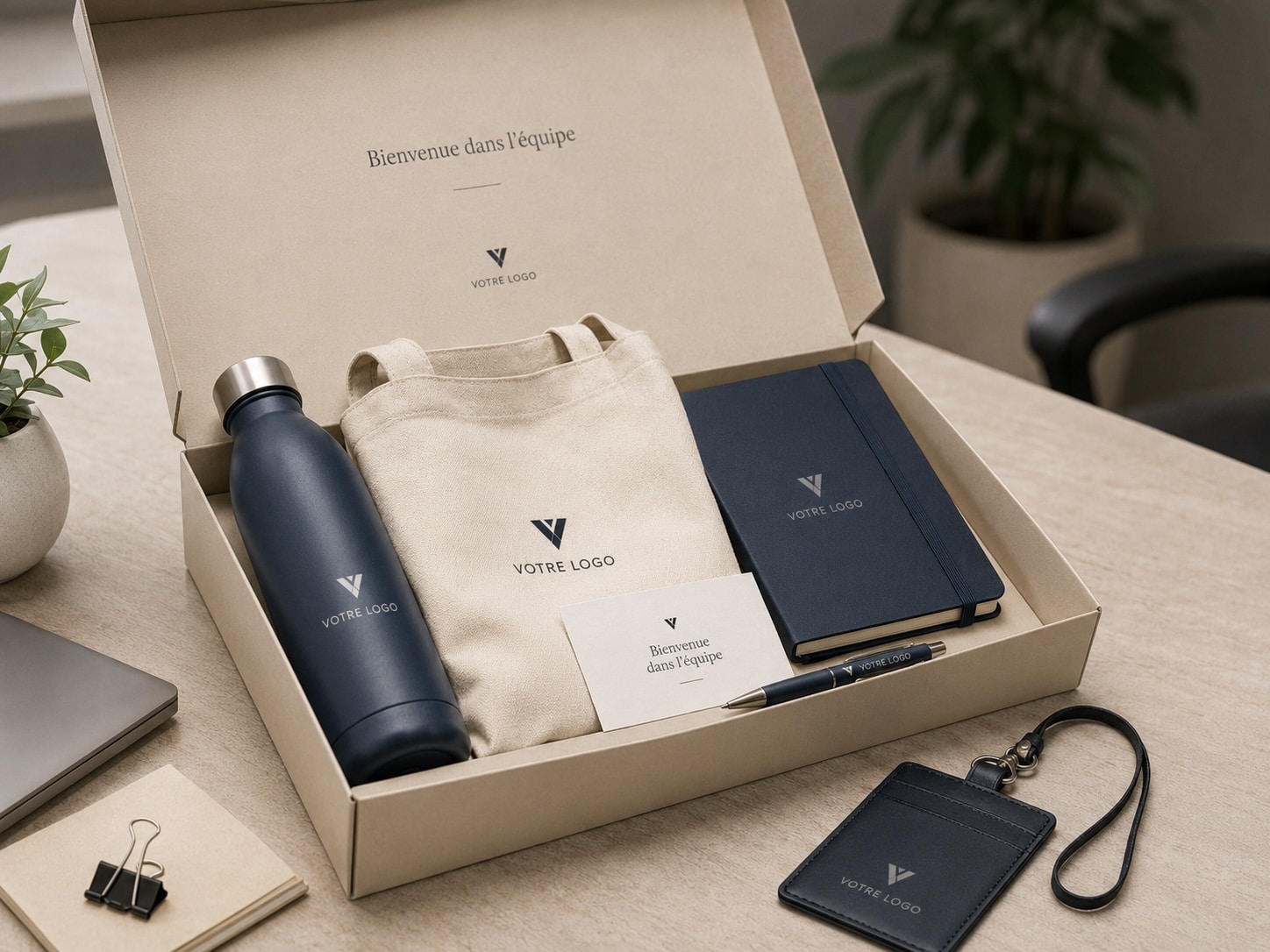 Coffret d'onboarding beige avec gourde, tote bag, carnet, stylo et badge personnalisés